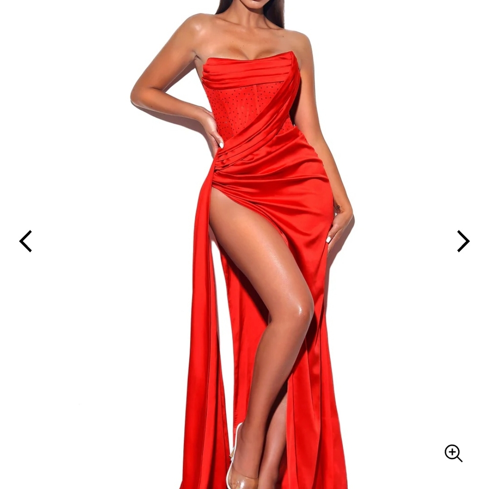 Miss Circle New York Holly Red Crystallized Corset High Slit Strapless Gown